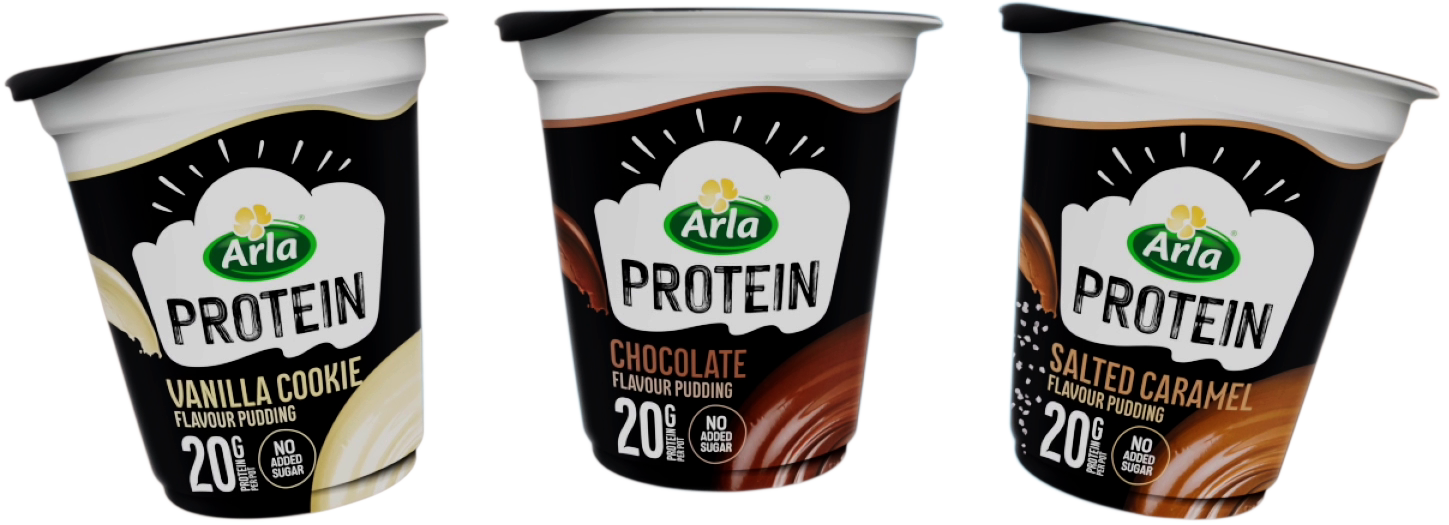 three Arla Protein pudding packshots