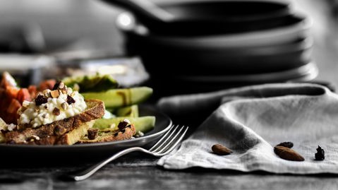 A plate with healthy food on a table